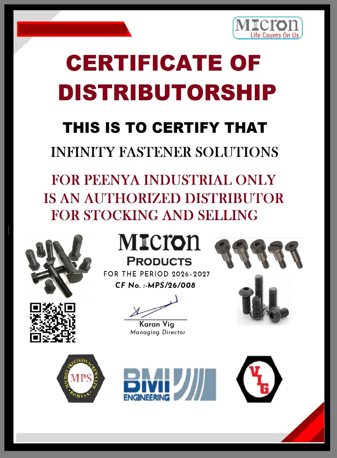 Micron Authorised Distributor Certificate